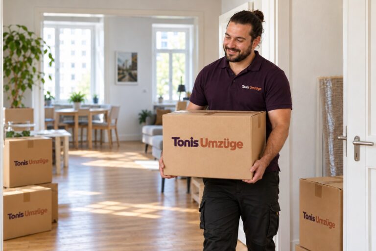 Ein Umzugshelfer in einem auberginefarbenen Poloshirt trägt einen Umzugskarton durch eine helle Wohnung.
