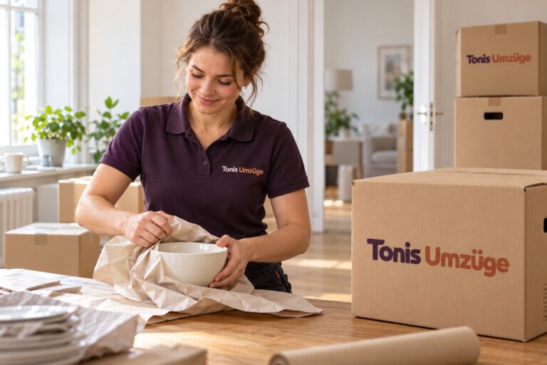 Eine Helferin verpackt Geschirr in Packpapier, daneben stehen Umzugskartons.