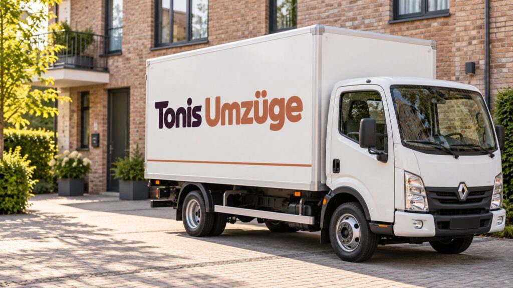 Weißer kompakter Koffer-Lkw mit der Aufschrift „Tonis Umzüge“ vor einem Wohnhaus.