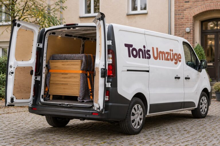 Weißer Transporter mit geöffneten Hecktüren, im Laderaum ist eine Kommode mit Gurten gesichert.