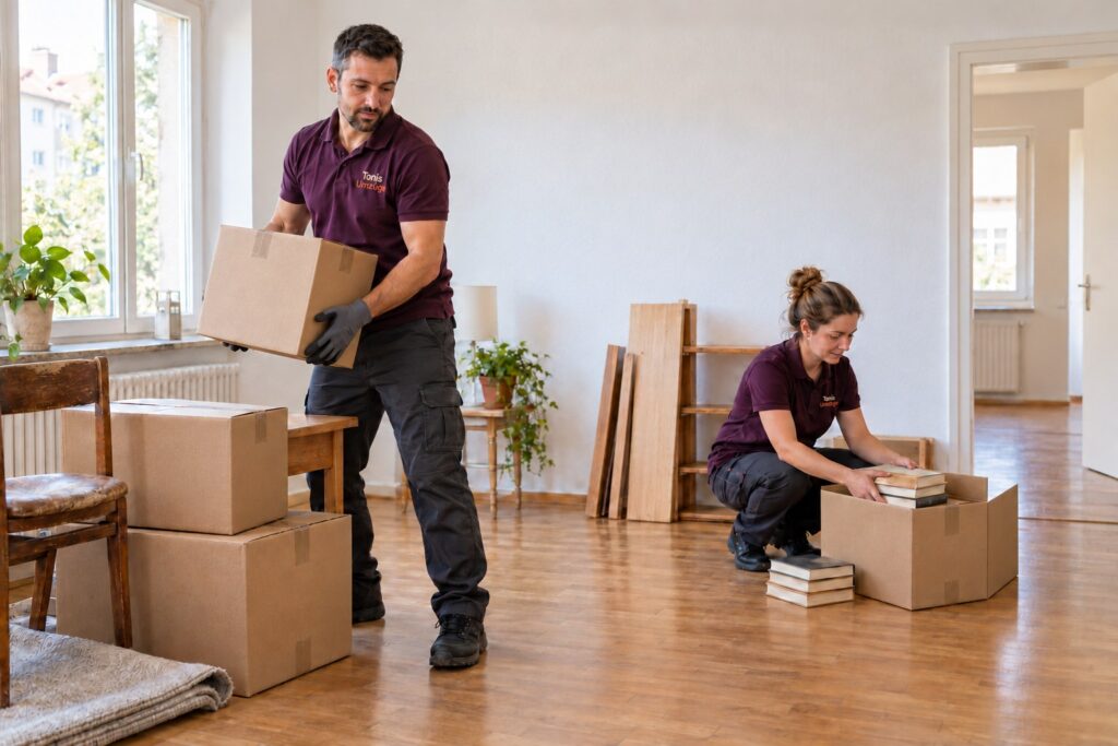 Zwei Helfer sortieren in einer Wohnung Bücher in unbedruckte Kartons.