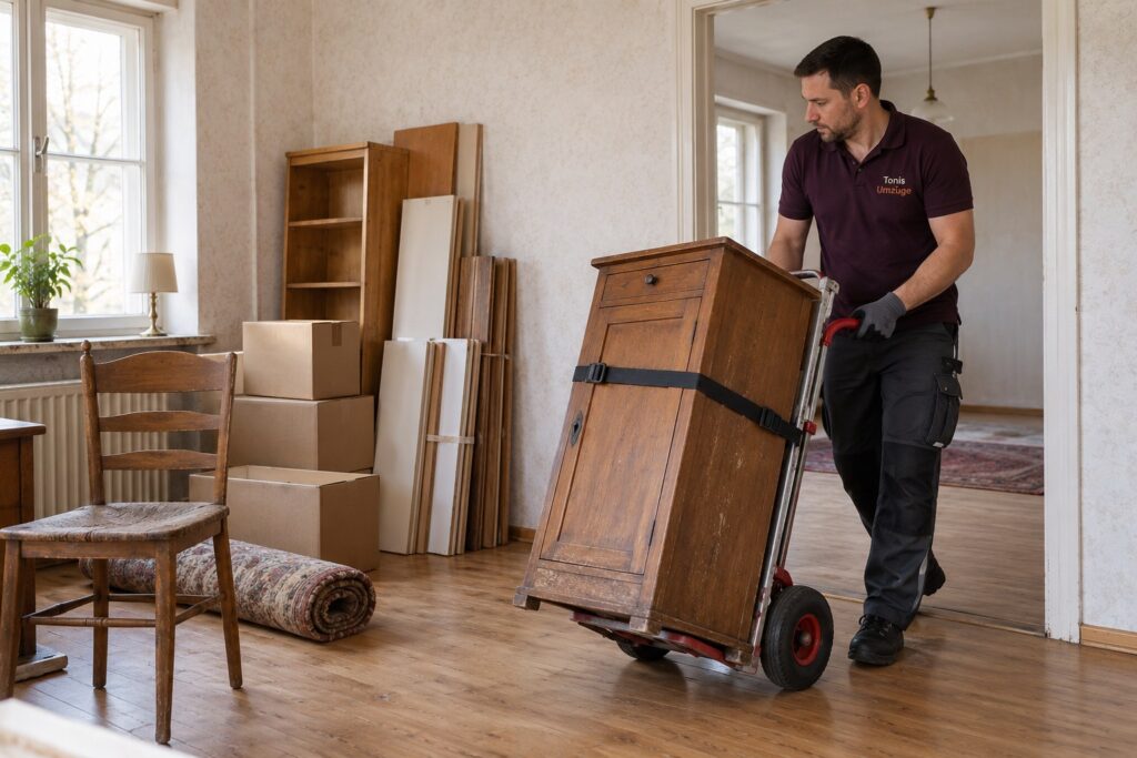 Ein Helfer schiebt einen alten Holzschrank, mit Gurten auf einer Sackkarre gesichert, durch eine Wohnung.