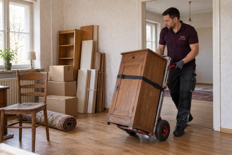 Ein Helfer schiebt einen alten Holzschrank, mit Gurten auf einer Sackkarre gesichert, durch eine Wohnung.